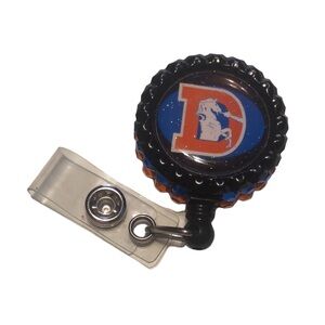 Sold - Denver Broncos Bling Badge Id Reel Holder Alligator Clip Swivel glitter